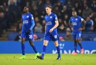 LEICESTER, ENGLAND - FEBRUARY 05:  Wilfred Ndidi (25) and Andy King of Leicester City (10) look dejected as Juan Mata of Manchester United scores their third goal during the Premier League match between Leicester City and Manchester United at The King Power Stadium on February 5, 2017 in Leicester, England.  (Photo by Laurence Griffiths/Getty Images)
